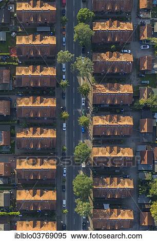 Stock Photography - "Aerial view, miners settlement, terraced houses, Rentfort, Gladbeck, North Rhine-Westphalia, Germany, Europe". Fotosearch