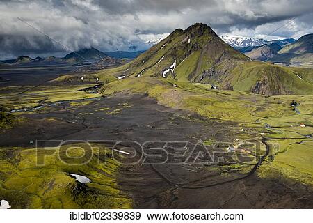 Stock Photo - "Aerial view, moss-covered Bratthals Mountain, Hvanngil hiking hut, Icelandic Highlands, Iceland, Europe". Fotosearch