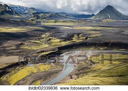 "Aerial view, moss-covered mountains and a river, Icelandic Highlands, Iceland, Europe" View Large Photo Image Stock Photograph - "Aerial view, moss-covered mountains and a river, Icelandic Highlands, Iceland, Europe". Fotosearch