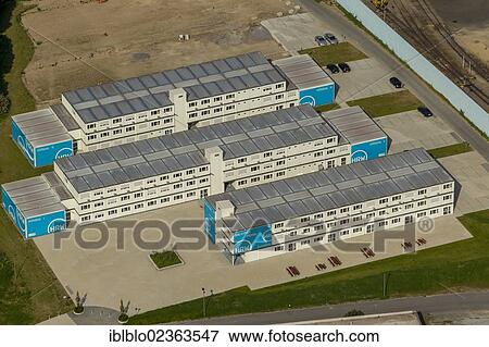 Stock Photo - "Aerial view, Muelheim University of Applied Sciences, made of containers, Muelheim an der Ruhr, Ruhr region, North Rhine-Westphalia, Germany, Europe". Fotosearch
