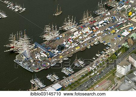 Stock Image - "Aerial view, Museum Harbour during the """"Hanse Sail"""" festival, Mitte, Berlin, Berlin, Germany, Europe". Fotosearch