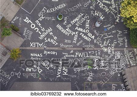 "Aerial view, names of schoolchildren in the school yard, Rheinberg, North Rhine-Westphalia, Germany, Europe" View Large Photo Image Stock Image - "Aerial view, names of schoolchildren in the school yard, Rheinberg, North Rhine-Westphalia, Germany, Europe". Fotosearch