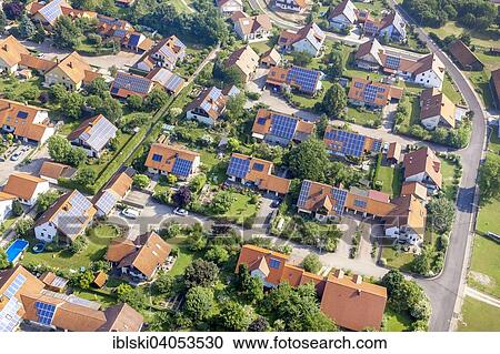 "Aerial view, new housing estate with photovoltaic panels on the roofs, Sunching, Bavaria, Germany, Europe" View Large Photo Image Stock Image - "Aerial view, new housing estate with photovoltaic panels on the roofs, Sunching, Bavaria, Germany, Europe". Fotosearch