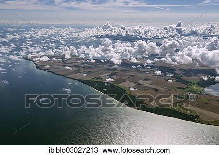 Stock Image - "Aerial view, North Island, northern part of the island of Ruegen, Wittow, clouds, Dranske, Nonnevitz, Dranske, Mecklenburg-Western Pomerania, Germany, Europe". Fotosearch