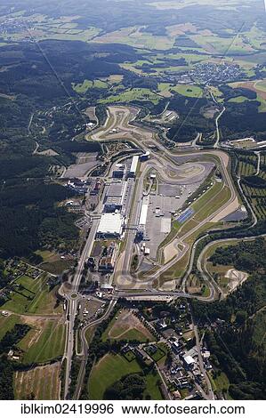 Aerial view, Nurburgring race track with the grandstand and a go-kart track, Muellenbach, Eifel, Rhineland-Palatinate, Germany, Europe View Large Photo Image Stock Photograph - Aerial view, Nurburgring race track with the grandstand and a go-kart track, Muellenbach, Eifel, Rhineland-Palatinate, Germany, Europe. Fotosearch