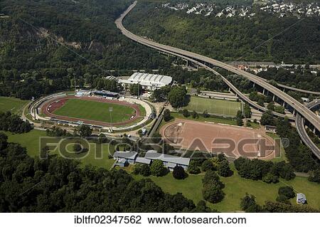 Stock Image - "Aerial view, Oberwerth stadium and sports hall, Koblenz, Rhineland-Palatinate, Germany, Europe". Fotosearch