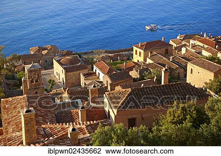 "Aerial view of castle town with acropolis on the plateau, Monemvasia island, Peloponnese, Greece, Europe" View Large Photo Image Stock Image - "Aerial view of castle town with acropolis on the plateau, Monemvasia island, Peloponnese, Greece, Europe". Fotosearch
