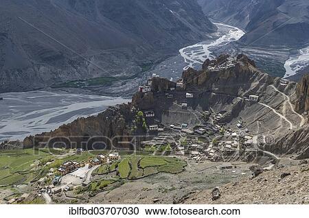 "Aerial view of Dankhar Gompa, a Tibetan Buddhist monastery, which is located on a mountain ridge, Spiti valley, Dankhar, Himachal Pradesh, India, Asia" View Large Photo Image Stock Image - "Aerial view of Dankhar Gompa, a Tibetan Buddhist monastery, which is located on a mountain ridge, Spiti valley, Dankhar, Himachal Pradesh, India, Asia". Fotosearch