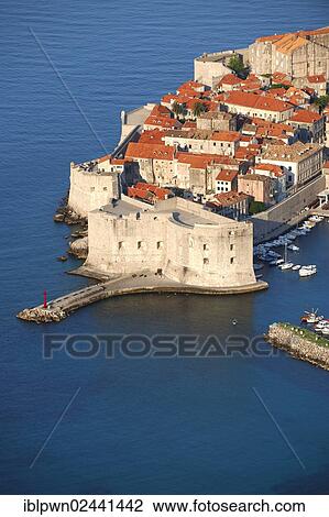 Stock Image - "Aerial view of Dubrovnik old town port, Croatia, Europe". Fotosearch