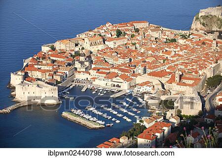 Stock Photo - "Aerial view of Dubrovnik old town port, Croatia, Europe". Fotosearch