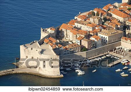 Stock Photo - "Aerial view of Dubrovnik old town port, Croatia, Europe". Fotosearch