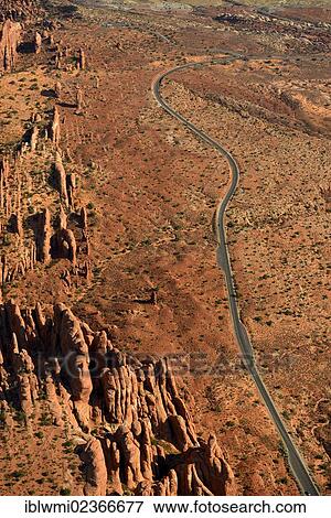 Stock Photo - "Aerial view of Fiery Furnace rock garden, scenic road, Arches National Park, Moab, Utah, United States of America, USA". Fotosearch