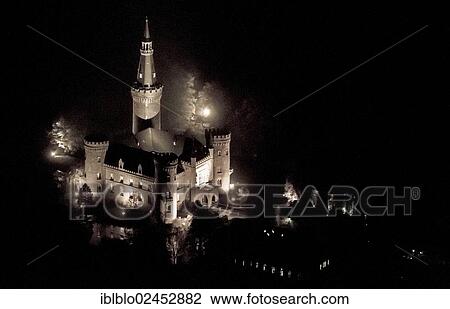 "Aerial view of Moyland moated castle, neo-Gothic style, night shot, Bedburg-Hau, North Rhine-Westphalia, Germany, Europe" View Large Photo Image Stock Image - "Aerial view of Moyland moated castle, neo-Gothic style, night shot, Bedburg-Hau, North Rhine-Westphalia, Germany, Europe". Fotosearch