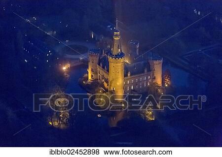 "Aerial view of Moyland moated castle, neo-Gothic style, night shot, Bedburg-Hau, North Rhine-Westphalia, Germany, Europe" View Large Photo Image Stock Photo - "Aerial view of Moyland moated castle, neo-Gothic style, night shot, Bedburg-Hau, North Rhine-Westphalia, Germany, Europe". Fotosearch