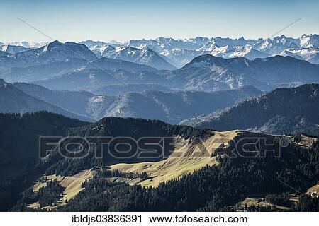 Stock Image - "Aerial view of the Alps looking towards the south, near Garmisch-Partenkirchen, Upper Bavaria, Bavaria, Germany, Europe". Fotosearch