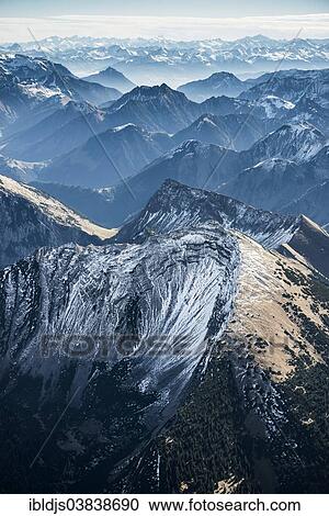 Stock Image - "Aerial view of the Alps looking towards the south, near Garmisch-Partenkirchen, Upper Bavaria, Bavaria, Germany, Europe". Fotosearch
