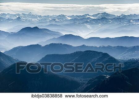 Stock Photo - "Aerial view of the Alps looking towards the south, near Miesbach and Tegernsee, Upper Bavaria, Bavaria, Germany, Europe". Fotosearch