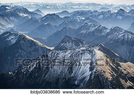 Stock Photograph - "Aerial view of the Alps looking towards the south, near Garmisch-Partenkirchen, Upper Bavaria, Bavaria, Germany, Europe". Fotosearch