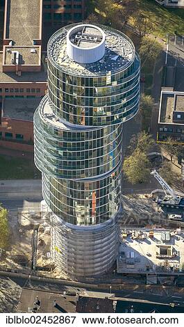 Stock Photo - "Aerial view of the Exzenterhaus building, an office tower built on an old bunker, Universitaetsstrasse street, Bochum, Ruhr area, North Rhine-Westphalia, Germany, Europe". Fotosearch