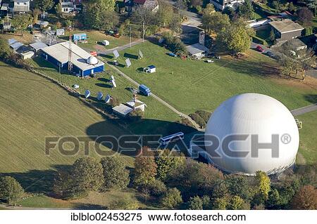 Stock Photography - "Aerial view of the IUZ astronomical observatory, Bochum-Sundern, Kap Kaminski radon radio telescope, Bochum, Ruhr area, North Rhine-Westphalia, Germany, Europe". Fotosearch