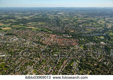 Stock Image - "Aerial, view of the old town, Warendorf, North Rhine-Westphalia, Germany, Europe". Fotosearch