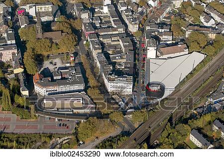 Stock Image - "Aerial view of the pub mile, entertainment district, the Bermuda3eck building, Kortumstrasse street and the new car park, Bochum, Ruhr area, North Rhine-Westphalia, Germany, Europe". Fotosearch