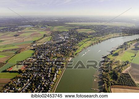 Stock Photography - "Aerial view of Wittlaer district, Rhine, Lower Rhine, Duesseldorf, North Rhine-Westphalia, Germany, Europe". Fotosearch
