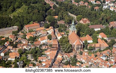 Stock Photography - "Aerial view, old town with Michaeliskirche, St. Michael's church, Lueneburg, Lower Saxony, Germany, Europe". Fotosearch