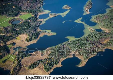 Stock Photo - "Aerial view, Osterseen lakes, Upper Bavaria, Bavaria, Germany, Europe". Fotosearch
