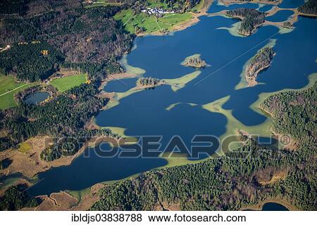 Stock Photo - "Aerial view, Osterseen lakes, Upper Bavaria, Bavaria, Germany, Europe". Fotosearch