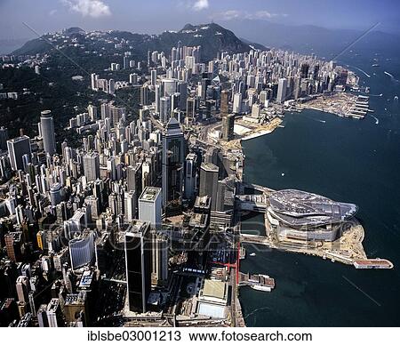 Stock Image - "Aerial view over Victoria Island, skyline with Victoria Peak, Convention Centre, Central District, Hong Kong, Hong Kong Island, Hong kong, China, People's Republic of China, Asia". Fotosearch