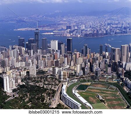 Stock Photography - "Aerial view over Victoria Island, skyline, Happy Valley Race Course, Central District, Kowloon, Central District, Hong Kong, Hong Kong Island, Hong kong, China, People's Republic of China, Asia". Fotosearch