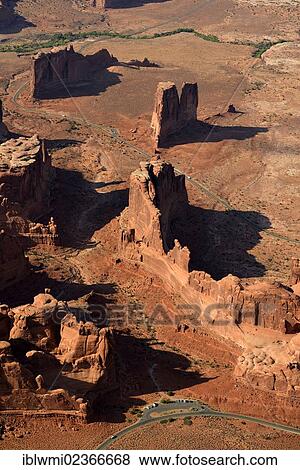 Stock Photo - "Aerial view, Park Avenue Trailhead and Viewpoint, Courthouse Tower, Courthouse Towers section, scenic road, Arches National Park, Moab, Utah, United States of America, USA". Fotosearch