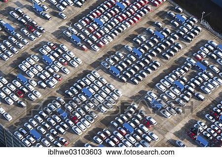 Stock Image - "Aerial view, parking space for vehicles, vehicle logistics, BLG Logistics Group, Bremen, Bremerhaven, Bremen, Germany, Europe". Fotosearch