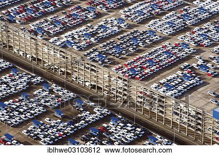 Stock Image - "Aerial view, parking space for vehicles, vehicle logistics, BLG Logistics Group, Bremen, Bremerhaven, Bremen, Germany, Europe". Fotosearch