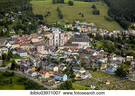 Stock Photo - "Aerial view, pilgrimage church Mariazell Basilica, Mariazell, Styria, Austria, Europe". Fotosearch
