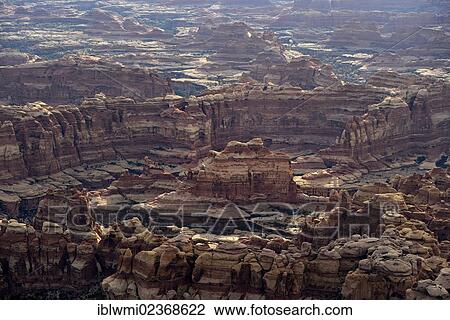 Stock Image - "Aerial view, pinnacles in The Needles District, Canyonlands National Park, Utah, United States of America, USA". Fotosearch