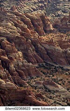 Stock Image - "Aerial view, pinnacles in The Needles District, Canyonlands National Park, Utah, United States of America, USA". Fotosearch