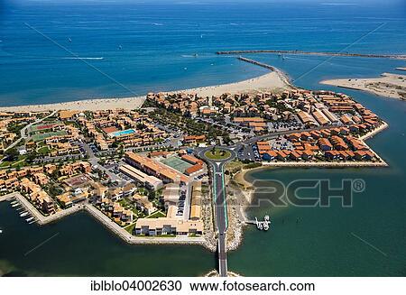 Stock Image - "Aerial view, Port Leucate with holiday complex, Leucate, Languedoc-Roussillon, France, Europe". Fotosearch