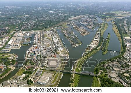 Stock Image - "Aerial view, port of Duisburg, Duisport, Duisburg, Ruhr district, North Rhine-Westphalia, Germany, Europe". Fotosearch