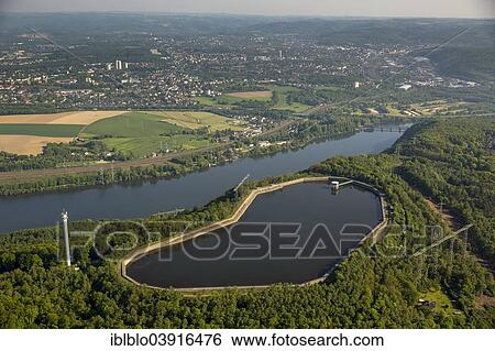 Stock Photograph - "Aerial view, pumped storage plant Koepchenwerk on Hengsteysee lake, Ruhr valley, Ruhr, Herdecke, Ruhr district, North Rhine-Westphalia, Germany, Europe". Fotosearch