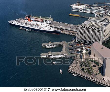 Stock Photo - "Aerial view, Queen Elizabeth 2, Kowloon Harbour, Cultural Centre, Clock Tower, Tsim Sha Tsui, Kowloon, Kowloon, Hong Kong, Hong Kong, China, People's Republic of China, Asia". Fotosearch