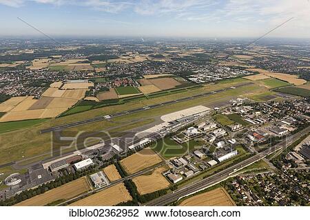 Stock Image - "Aerial view, regional airport Dortmund EDLW, Dortmund Airport, Ruhr Area, North Rhine-Westphalia, Germany, Europe". Fotosearch