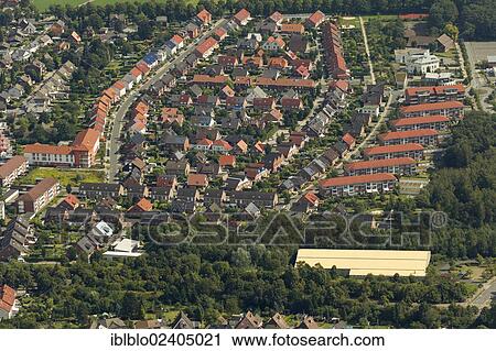 Stock Image - "Aerial view, residential area, Franz-Gerwin-Strasse street, Wethmar Mark, Luenen, Ruhr area, North Rhine-Westphalia, Germany, Europe". Fotosearch