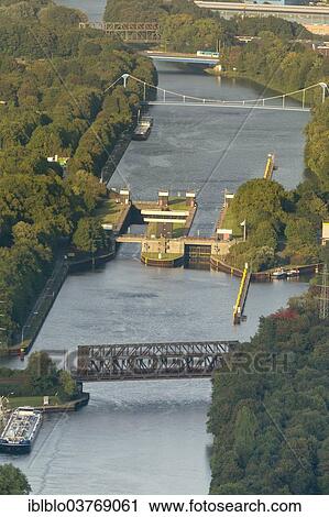 "Aerial view, Rhine-Herne Canal, Gelsenkirchen lock, Feldmark, Gelsenkirchen, North Rhine-Westphalia, Germany, Europe" View Large Photo Image Stock Image - "Aerial view, Rhine-Herne Canal, Gelsenkirchen lock, Feldmark, Gelsenkirchen, North Rhine-Westphalia, Germany, Europe". Fotosearch