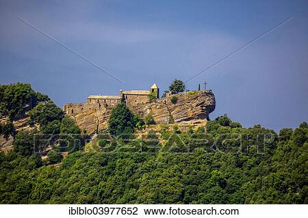 Stock Image - "Aerial view, Rocacorba Monastery, Santuari de la Mare de Deu de Rocacorba, Monastery of Mother of God of Rocacorba, high altitude convent, hermitage, Sant Marti de Llemena, Catalonia, Spain, Europe". Fotosearch
