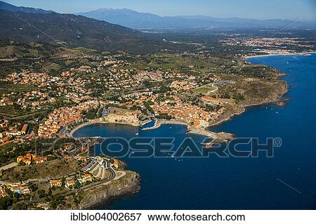 Stock Photo - "Aerial view, royal fort, Chateau Royal de Collioure, Port of Collioure, Languedoc-Roussillon, France, Europe". Fotosearch