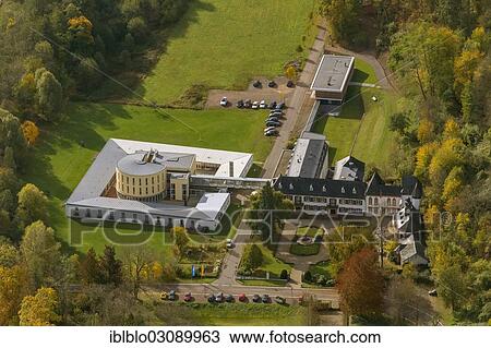 Stock Image - "Aerial view, ruins of Burg Dagstuhl Castle beside the Leibniz Centre for Computer Science, Wadern, Saarland, Germany, Europe". Fotosearch