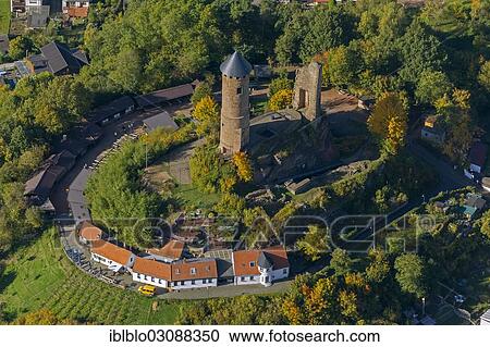 Stock Image - "Aerial view, ruins of Burg Kirkel Castle, castle ruins, castle tower, Kirkel-Neuhausel, Kirkel, Saarland, Germany, Europe". Fotosearch
