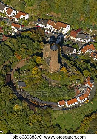 Stock Image - "Aerial view, ruins of Burg Kirkel Castle, castle ruins, castle tower, Kirkel-Neuhausel, Kirkel, Saarland, Germany, Europe". Fotosearch